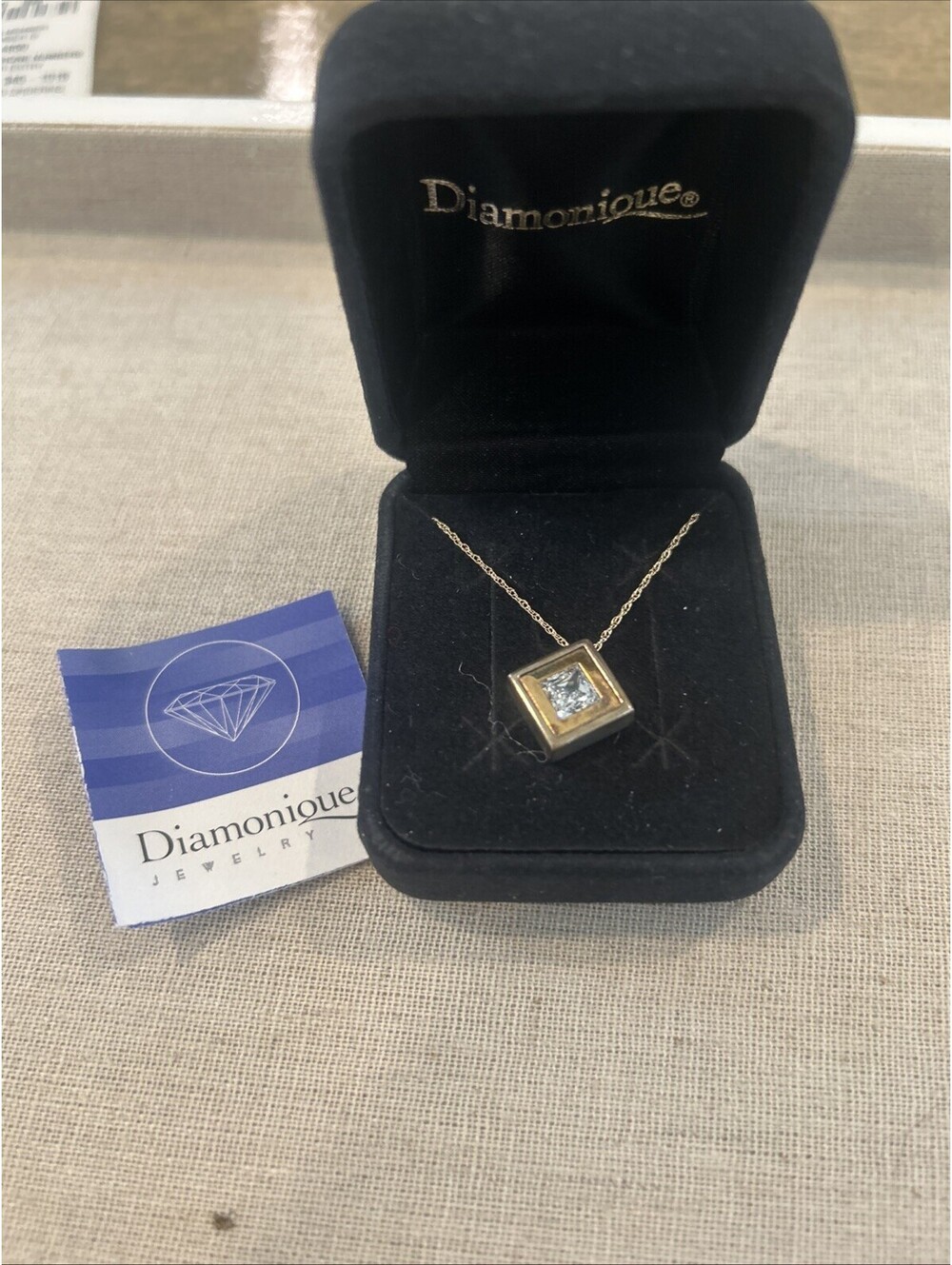 diamonique two tone princess cut pendant With Chain 14k